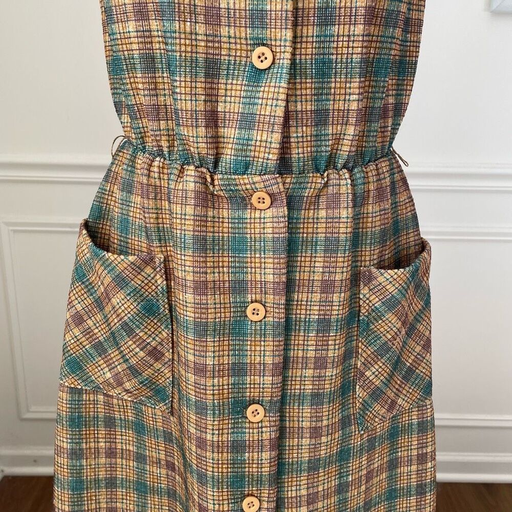 Vintage 70s Button Front Plaid Barkcloth Sleeveless Dress S - Picture 3 of 9